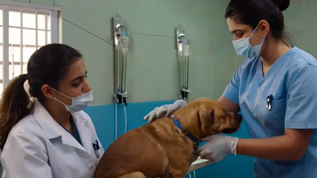 Cão em internação recebendo soro, acompanhado pela equipe